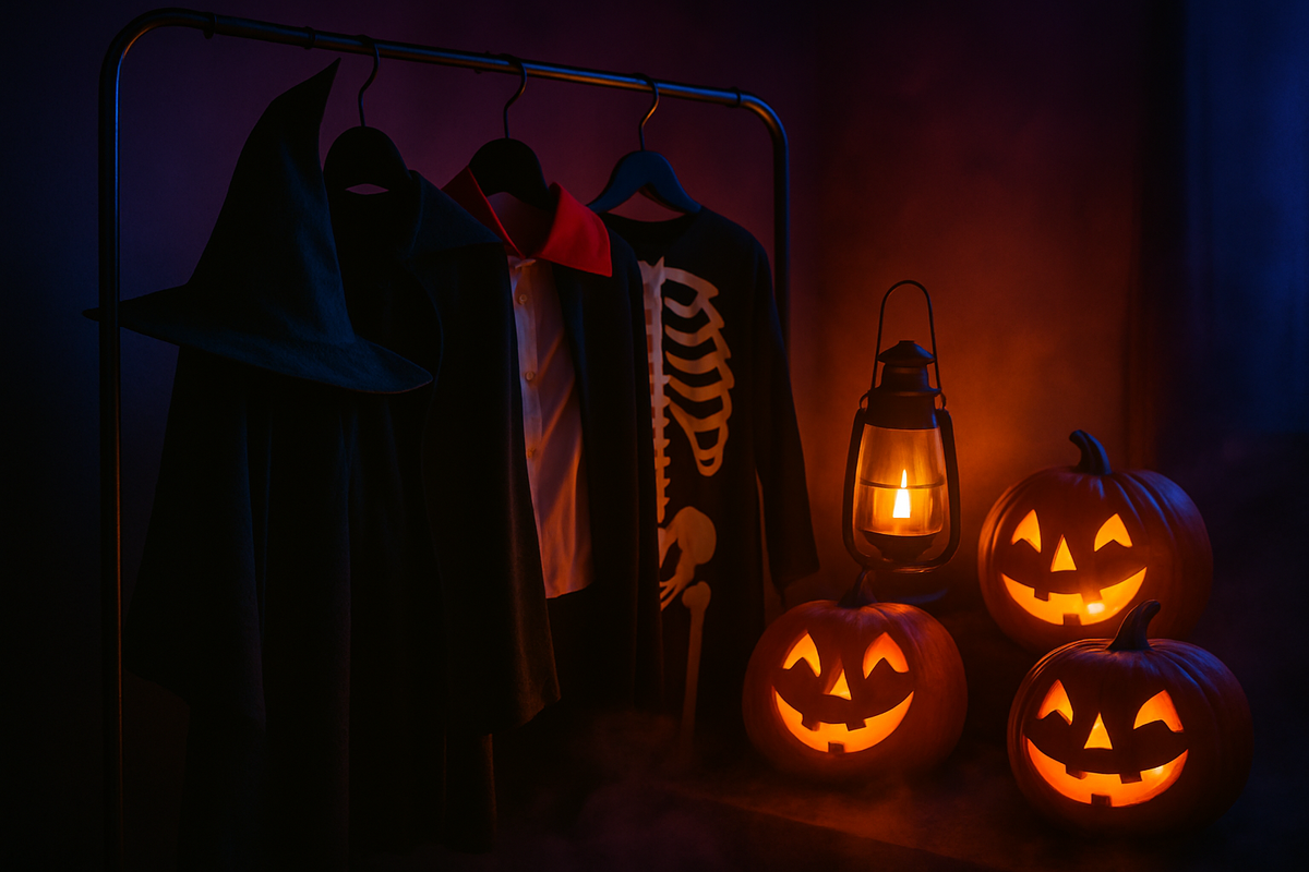 A rail of Halloween costumes — witch, vampire, skeleton — lit from one side by an orange lantern