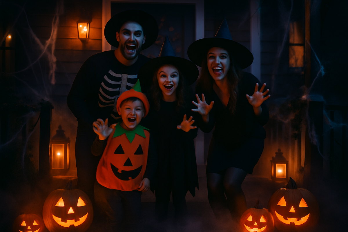 Two adults and two children in coordinated costumes grinning together on a decorated porch