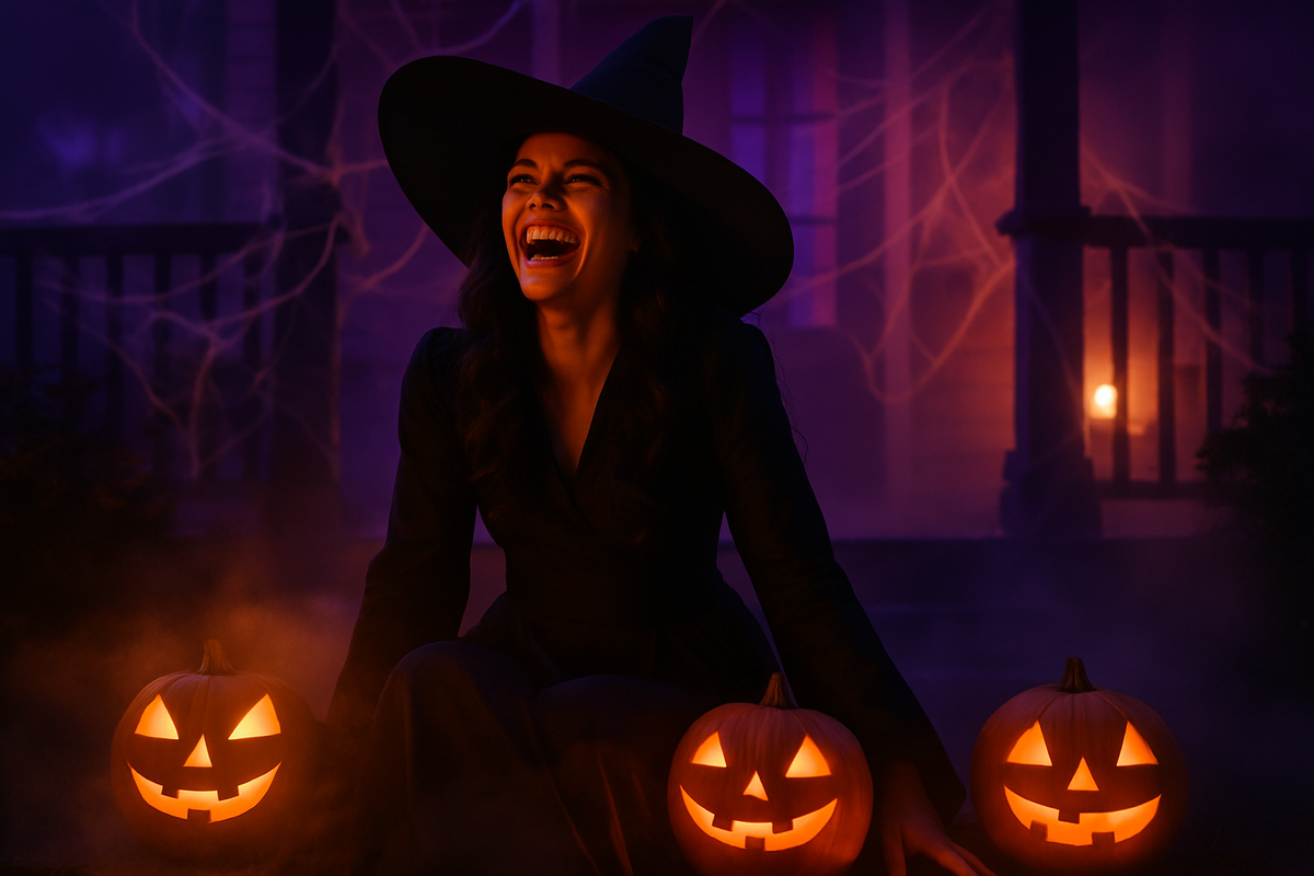A woman in a witch costume and wide-brimmed hat laughing on a foggy porch beside lit pumpkins